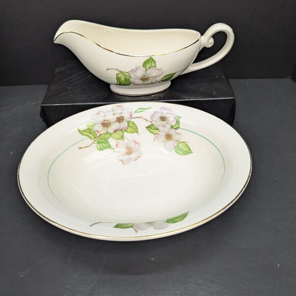Vintage Pope Gosser China Floral Dogwood Replacement 1 Gravy Boat 1 Oval Bowl - Picture 6 of 10
